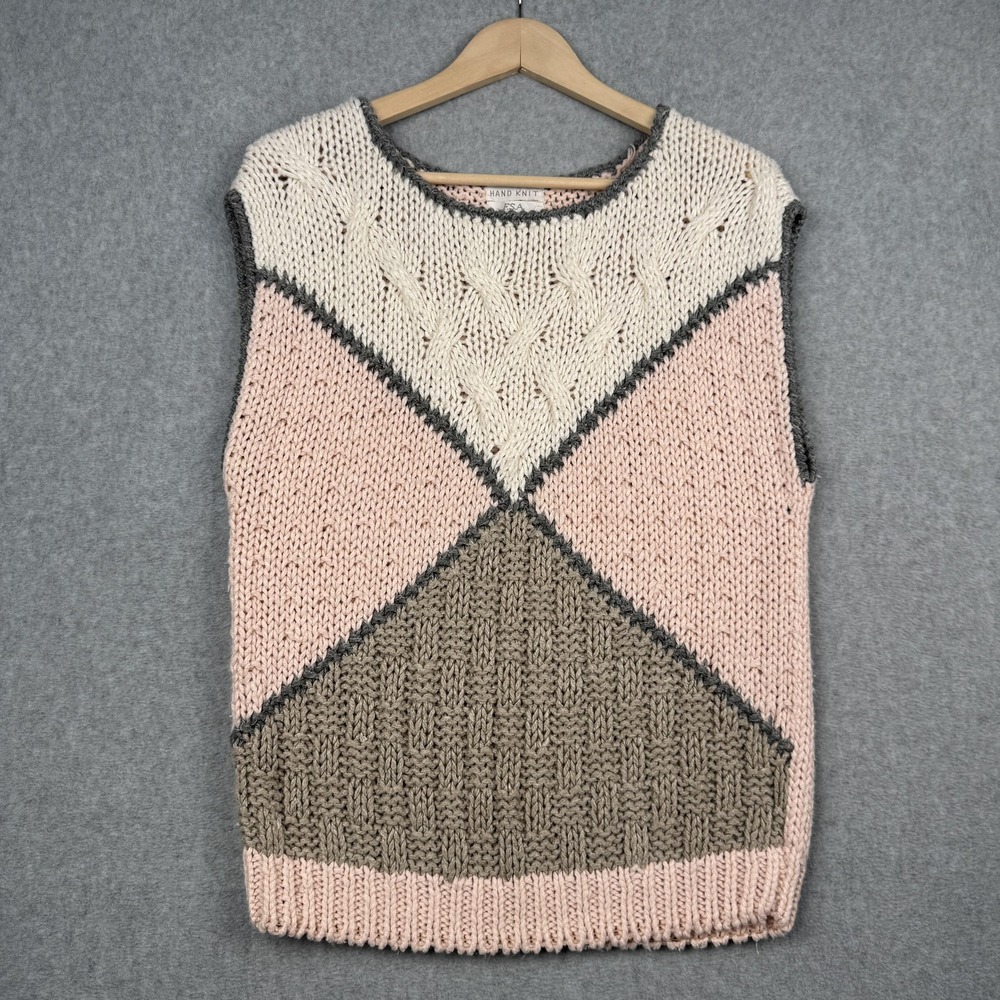 Hand-Knit Colorblock Sleeveless Sweater Vest - Pink/Cream/Brown